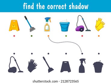 A set of items for cleaning and washing the house, vacuum cleaner, cleaner, mop. Find the correct shadow. Educational game for children. Cartoon vector illustration.