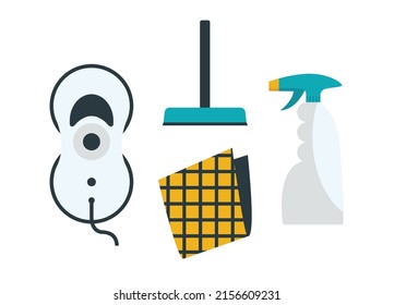 A Set Of Items For Cleaning Windows. Modern Technology Of Window Washing With The Help Of A Robot Washer. Traditional Removal Of Dirt And Dust From Windows With A Cloth, Brush And Spray.