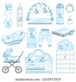 A set of items and clothes for caring for newborn children, isolated on a white background in blue tones.Vector collection for small children,textiles,paper,postcards.
