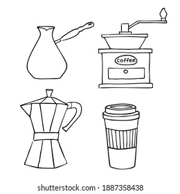 A set of items for coffee. Manual retro coffee grinder, Cezve Turkish for brewing, Geyser coffee maker. And the cup looks like a disposable paper one. Contour black and white sketch, isolated image.