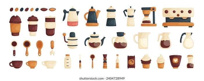 A set of items for a coffee shop and barista. Coffee machines, cups, paper cups, teapots with coffee, jugs with milk, cakes and chocolate, coffee and chocolate beans. Cartoon style.
