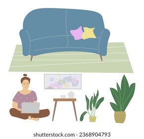 A set of items for a composition from remote work at home: sofa, carpet, girl, laptop, flowers, indoor plants, cardboard, pillows, cup, teapot.