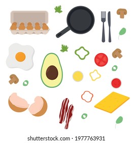 Set of items for cooking eggs. Flat vector illustration