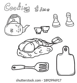 A set of items for cooking.Vector design on a white isolated background, for postcard banners.Sticker