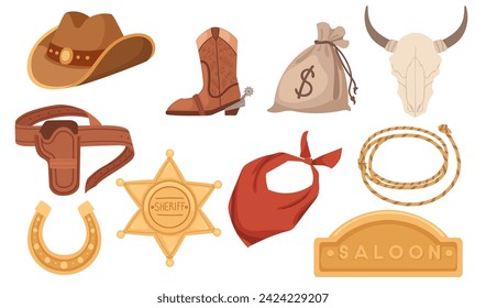 Conjunto de elementos tema cowboy diseño clásico ilustración vectorial aislada en fondo blanco