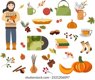 Conjunto de artículos para un otoño acogedor. Chica sosteniendo una calabaza. Libros y discos, ambientador y velas. Hojas y bayas de otoño, herbario, jarra y tetera. pastel de calabaza y bebidas calientes. Vector