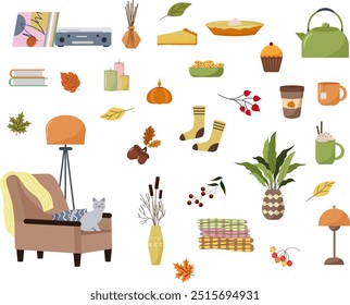 A set of items for a cozy autumn. Hygge and Scandinavian style. A soft chair with a cat, candles and lamps, a blanket, socks and pillows. Pumpkin pie and cookies, hot drinks. Autumn leaves and acorns