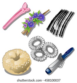 The set of items to create a casual and festive hairstyles. Vector illustration.