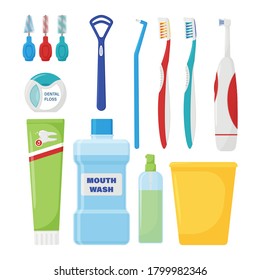 The set of items for daily hygiene of the oral cavity. Dental care supplies. Healthy lifestyle. Morning routine. A collection of flat-style elements isolated on a white background. Vector illustration