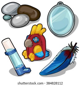 The set of items for decorating the home cage of the parrot.  Vector illustration.