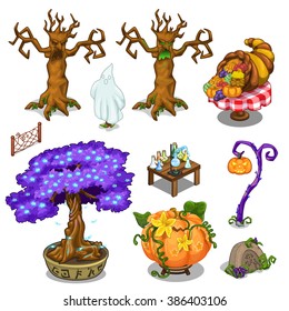 The set of items and decorations on the theme of celebrating Halloween and thanksgiving. Vector illustration.