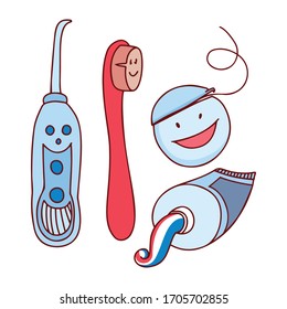 A set of items for dental care. Clean your mouth with an irrigator, toothbrush, toothpaste and dental floss. Children's dentistry, cartoon characters.