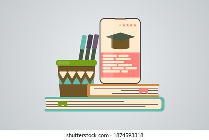 A set of items for distance learning at home. Books and gadgets for study. Vector illustration in a flat style.