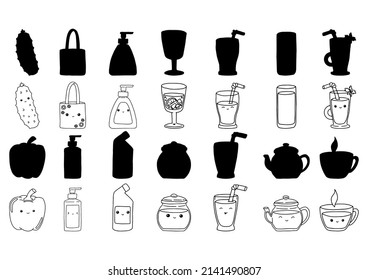 A set of items in doodle style. Hand drawn. Simple shapes. Vector illustration isolated on white background.