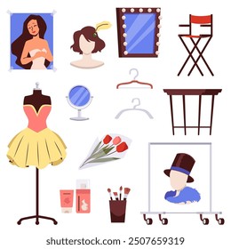 Set of items for the dressing room of a television and film star. Collection of things to prepare for the show. Poster, mannequin, wig, boa, hanger. Vector illustration isolated on white background.