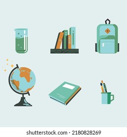 Set of items for education. Circle shape template. Stock illustration. Backpack, pencils, brushes, paints, pen, books, globe. Back to school.