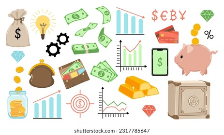 Set of items and elements related to money and banking. Vector graphics.