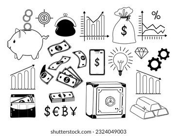 Set of items and elements related to money and banking. Vector graphics.