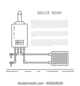 The set of items of equipment for boiler rooms and heating in the cold season. Heating boiler, Bolek, water heater, heat accumulators, battery painted in the style outline, linear