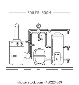 The set of items of equipment for boiler rooms and heating in the cold season. Heating boiler, Bolek, water heater, heat accumulators, battery painted in the style outline, linear