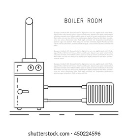 The set of items of equipment for boiler rooms and heating in the cold season. Heating boiler, Bolek, water heater, heat accumulators, battery painted in the style outline, linear