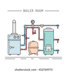 The set of items of equipment for boiler rooms and heating in the cold season. Heating boiler, Bolek, water heater, heat accumulators, battery painted in the style outline, linear