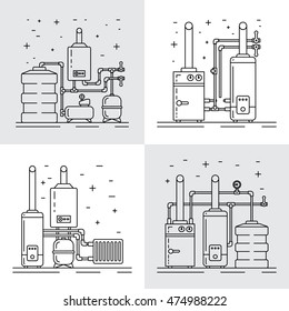 The set of items of equipment for boiler rooms and heating in the cold season. Heating boiler, Bolek, water heater, heat accumulators, battery painted in the style outline, linear