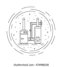 The set of items of equipment for boiler rooms and heating in the cold season. Heating boiler, Bolek, water heater, heat accumulators, battery painted in the style outline, linear