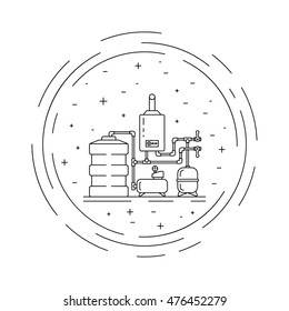 The set of items of equipment for boiler rooms and heating in the cold season. Heating boiler, Bolek, water heater, heat accumulators, battery painted in the style outline, linear