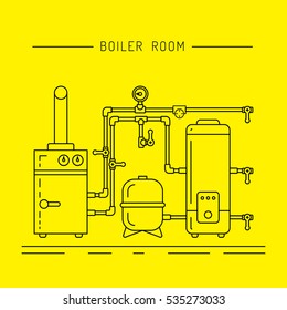 The set of items of equipment for boiler rooms and heating in the cold season. Heating boiler, Bolek, water heater, heat accumulators, battery painted in the style outline, linear