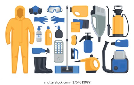 Set of items and equipment for disinfection and sanitation.  Suit, respirator, safety glasses, rubber gloves and boots, UV lamp, pump sprayer, steam and cold mist generators, antiseptic, disinfectant.