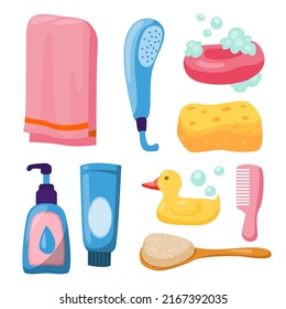 Set Of Items Equipment Use In Bathroom With Towel, Shower, Soap, Comb, Body Brush, Shampoo, Conditione And Sponge Drawing In Cartoon Style, Vector Illustration