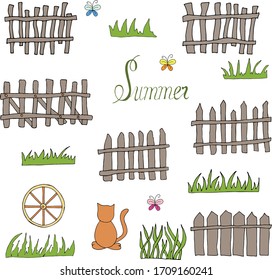 Set of items for the farm in the village: a fence for gift cards. Vector hand draw  Illustration EPS10