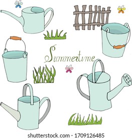 Set of items for the farm in the village: a watering can and a bucket for gift cards. Vector hand draw  Illustration EPS10.