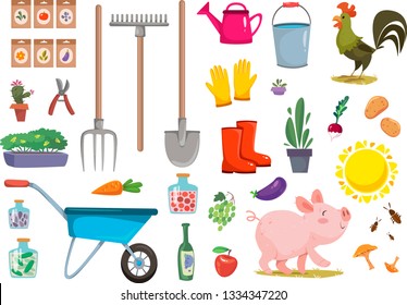Set of items for the farmer and gardening. Work tools and items. Vector illustration in cartoon style.
