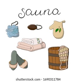 A set of items for the Finnish sauna. Bath sponge, tub, massage mitt, pumice, slippers and cotton towels for the Russian steam room. Sauna calligraphy inscription with ink. Bath vector elements.