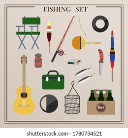 A set of items for fishing with nets and a fishing rod. Vector illustrations of isolated items for catching sea animals. Fishing rod, floats, nets, camping knife, matches, lantern, spinning, thermos