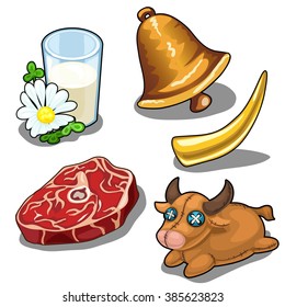 A set of items and food from the cow. Vector illustration.
