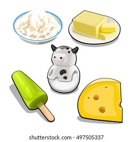 Un conjunto de artículos y alimentos sobre el tema de la leche de vaca aislado sobre fondo blanco. Ilustración vectorial.