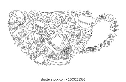 Set of items and food for tea in the form of a tea Cup. Doodle. Vector