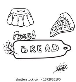 A set of items of fresh pastries and bakery products .Vector design on an isolated background, for postcard banners.Sticker