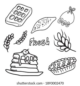 A set of items of fresh pastries and bakery products .Vector design on an isolated background, for postcard banners.Sticker