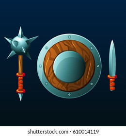Set of items for game. Different cartoon weapon. Shield, mace and knife