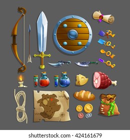 Set Of Items For Game. Different Food, Weapon, Potion And Tools. Vector Illustration. 