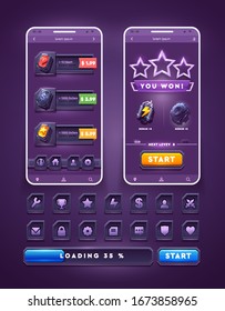 Set of items for gaming applications. Space games icons and buttons. 
Phone template vector illustration.