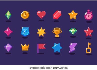 Set of items for gaming interface. Crystal, coin, heart, star, stopwatch, shield, trophy, crown, flag, lightning, key. Flat vector elements for mobile arcade and casual game