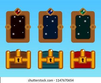 Set of items for gaming interface. Wooden chest, red chest, blue chest, three magic doors
