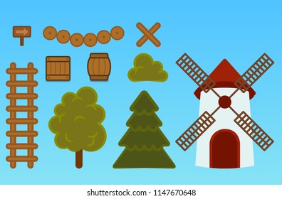 Set of items for gaming interface.Stairs, coins, barrel, wooden box,  bush, mill, bridge, pointer, barrier, tree, spruce