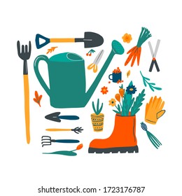 Set of Items for Gardening like shovel, pitchfork, rake, pruner, watering can, plant pot, rubber boots, seedling, tulips, cutter, glove. Vector flat cartoon illustration