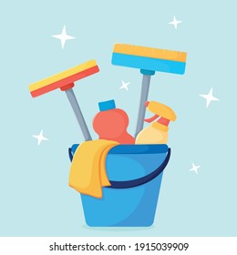 Set of items for general cleaning.Vector illustration of a bucket with household cleaning products.
